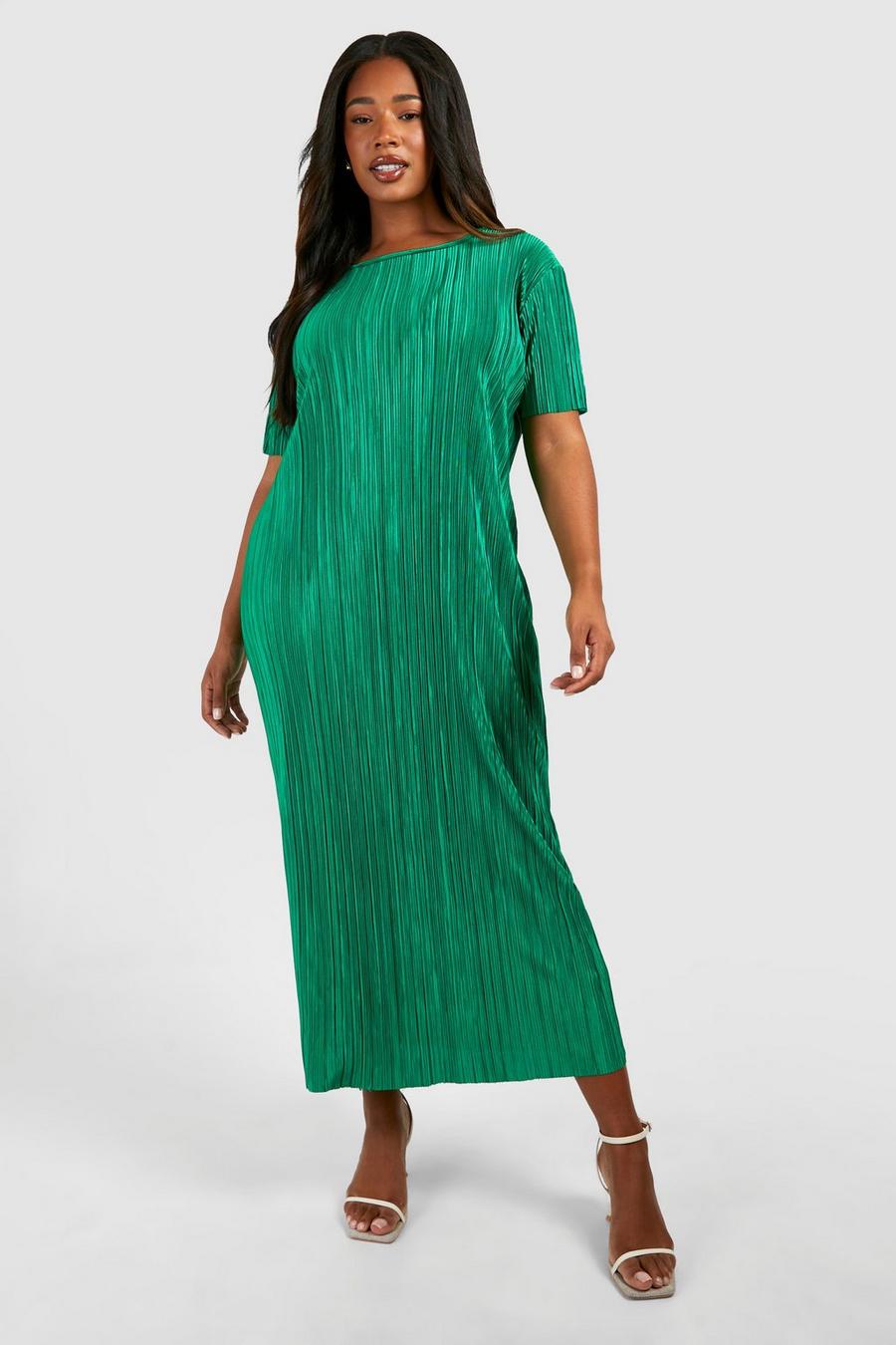 Plus Plissee T-Shirt-Kleid, Green image number 1