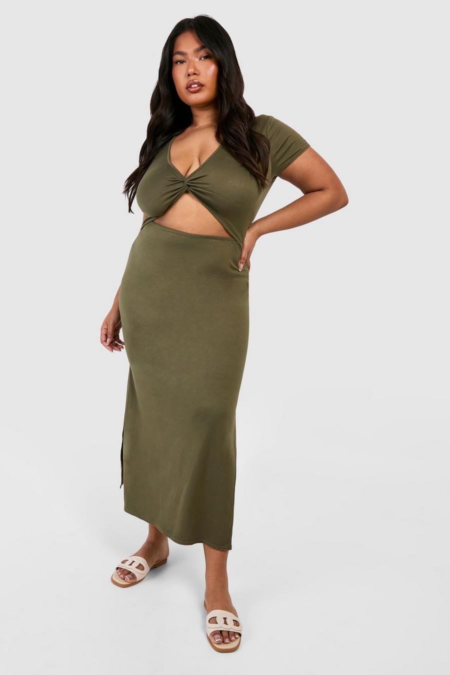 Khaki Plus Super Soft Jersey Twist Front Midaxi Dress