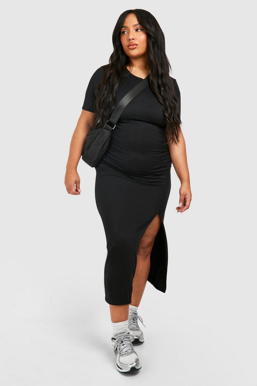 Black Plus Super Soft Jersey Knit Split Midi Column Dress image number 1