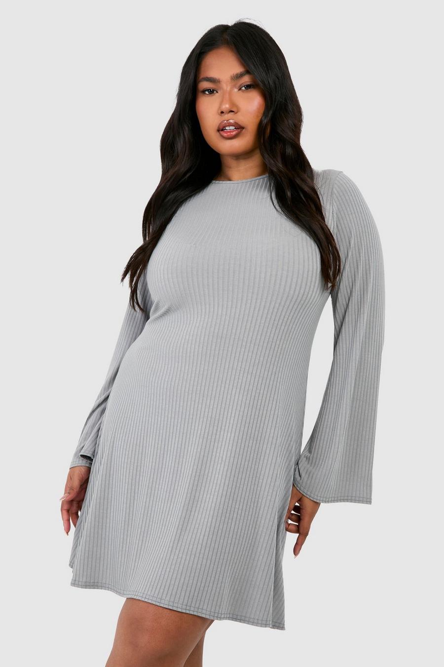 Light grey Plus Soft Rib Flared Sleeve Smock Dress