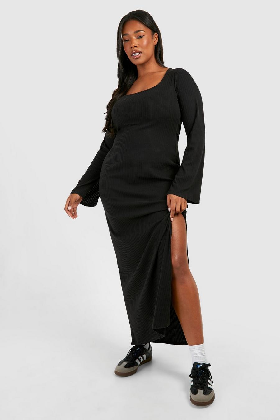 Black Plus Soft Rib Flared Sleeve Split Dress image number 1