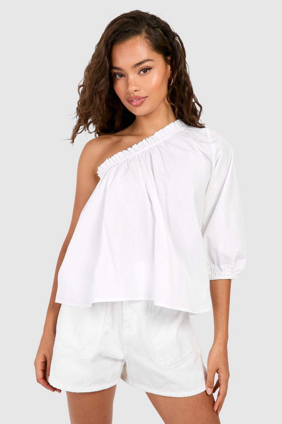 White Puff Sleeve One Shoulder Cotton Poplin Top image number 1