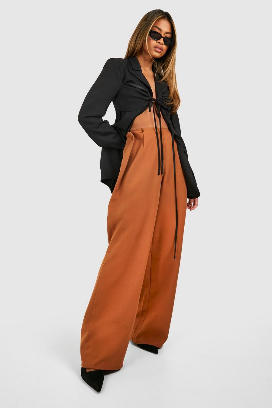 Tan Waist Button Detail Wide Leg Trouser 