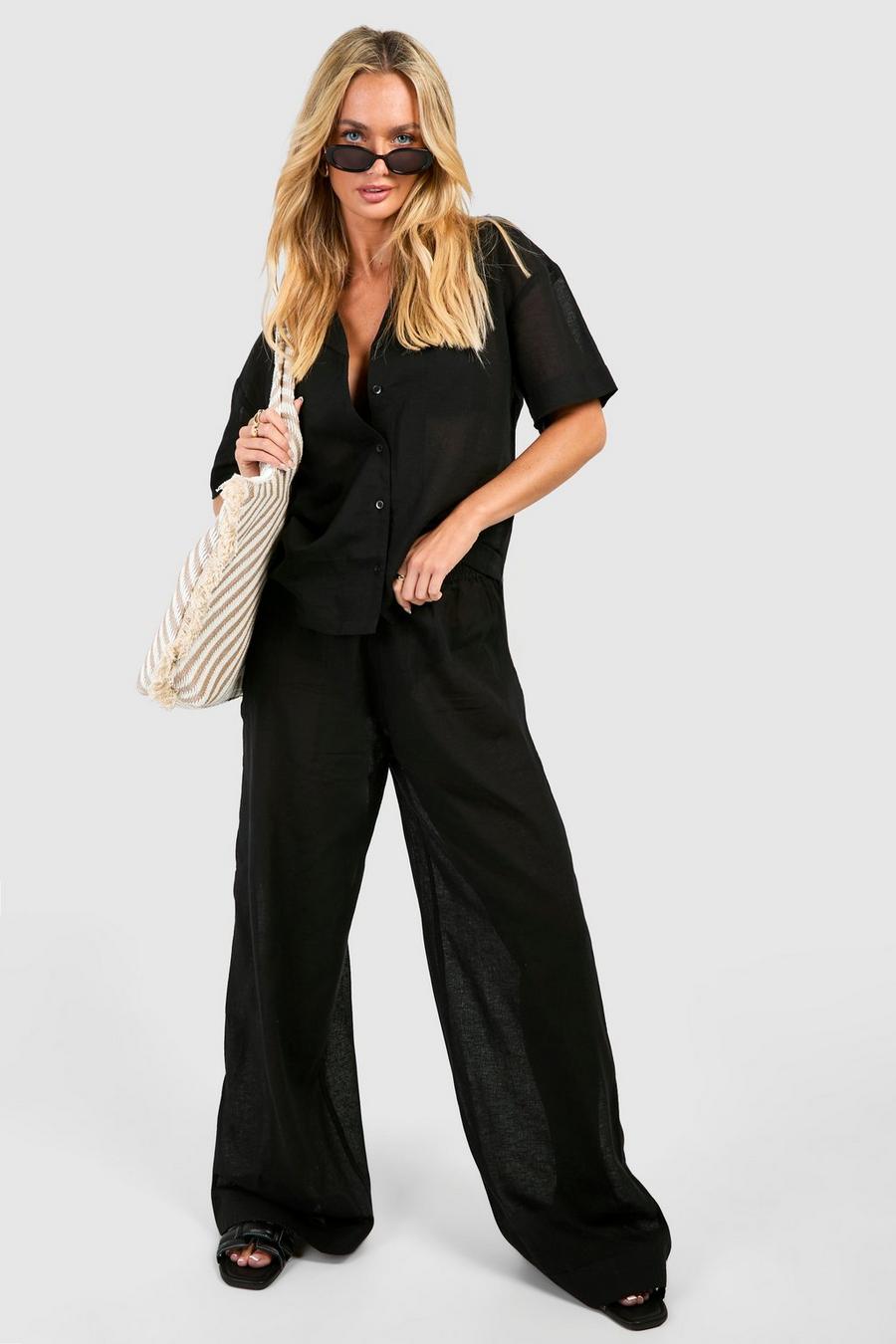Black Linen Look Button Shirt & Trouser Beach Co-ord image number 1
