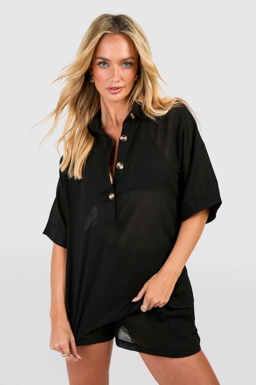 Black Linen Look Button Kaftan Shirt & Short Beach Co-ord