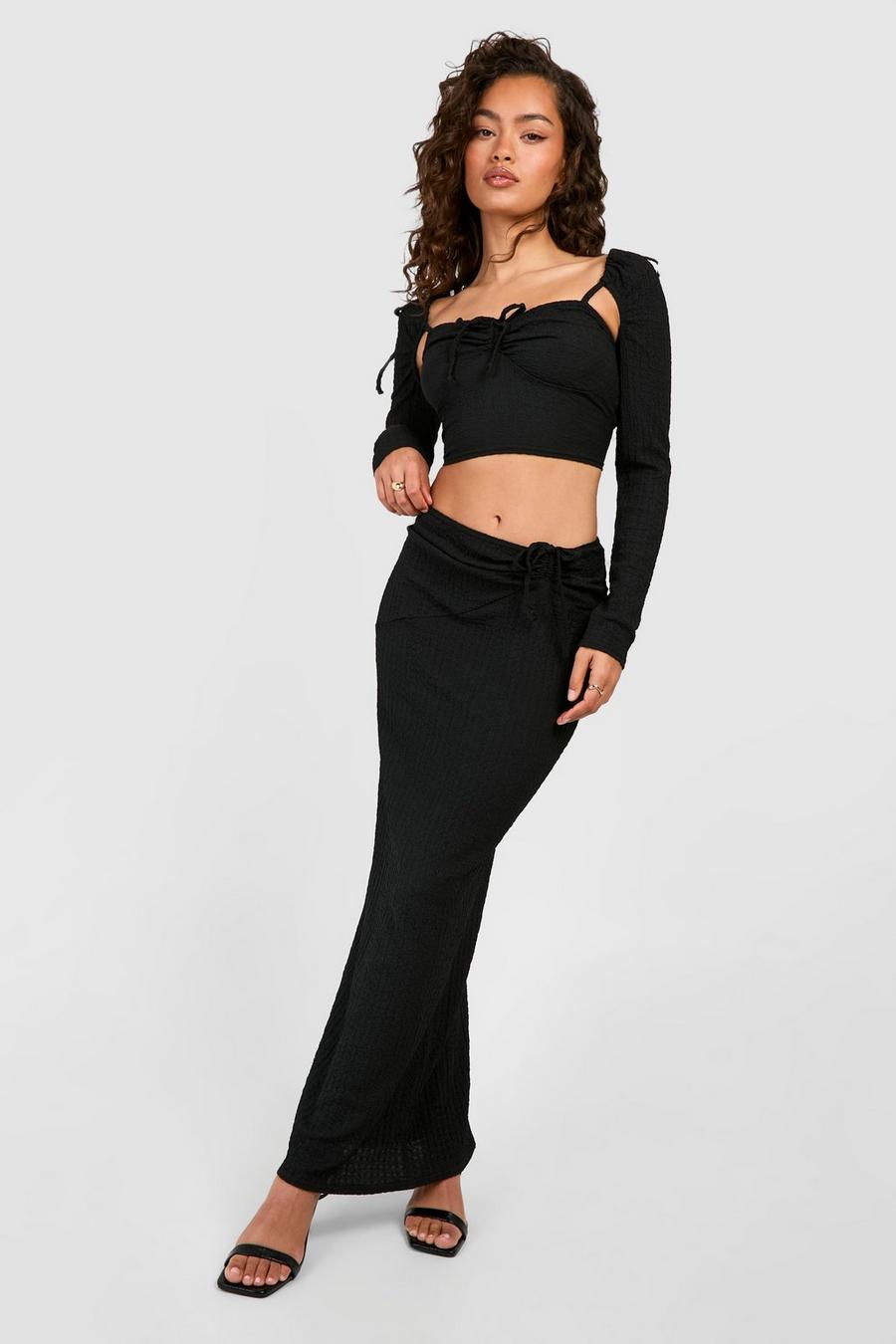 Black Textured Crinkle Ruched Crop & Maxi Skirt