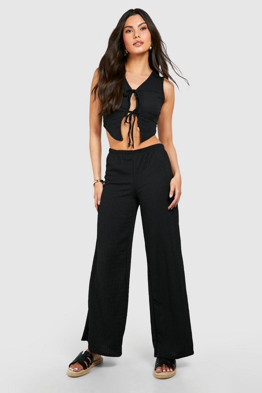 Black Textured Crinkle Tie Front Top & Wide Leg Trousers image number 1