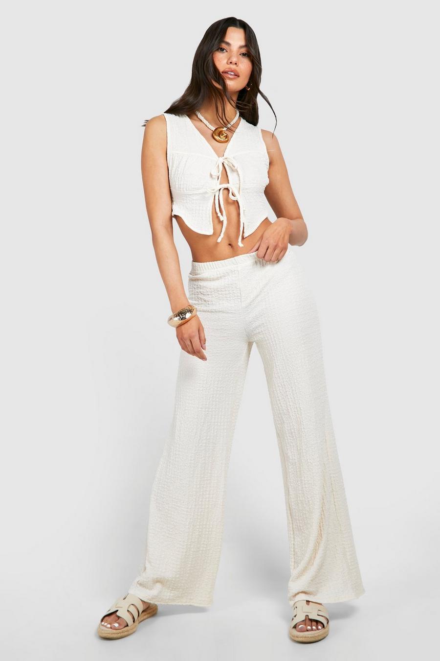 Ecru Textured Crinkle Tie Front Top & Wide Leg Trousers image number 1