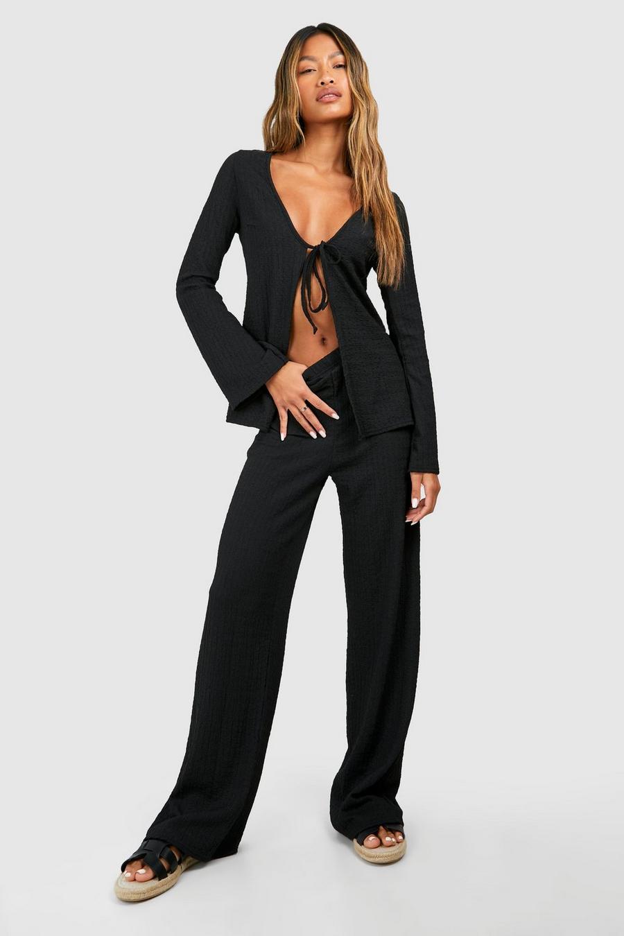 Black Textured Crinkle Tie Front Top & Wide Leg Trousers image number 1