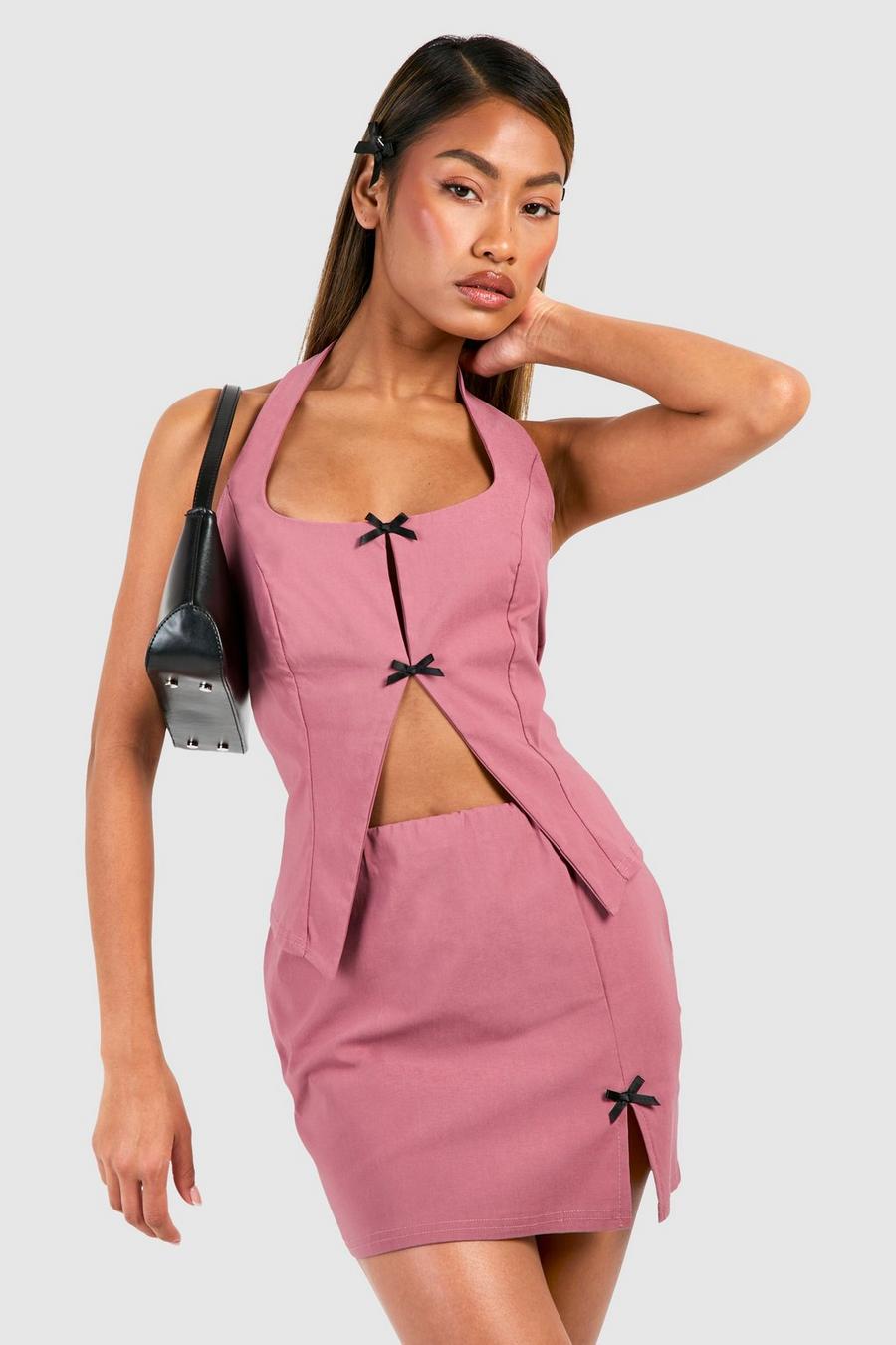 Dusty rose Contrast Bow Open Front Cami & Mini Skirt image number 1
