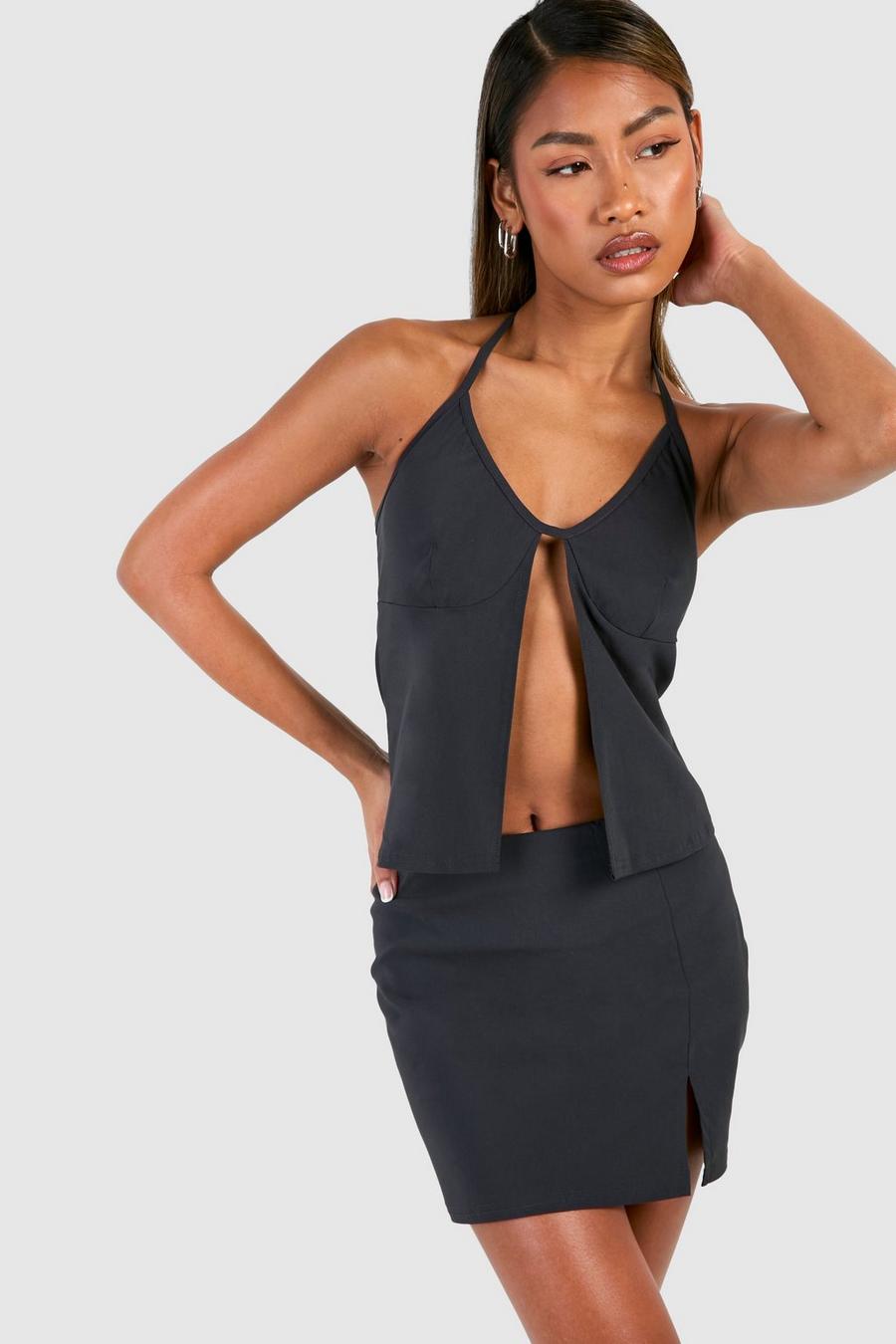 Charcoal Plunge Front Top & Micro Mini Skirt