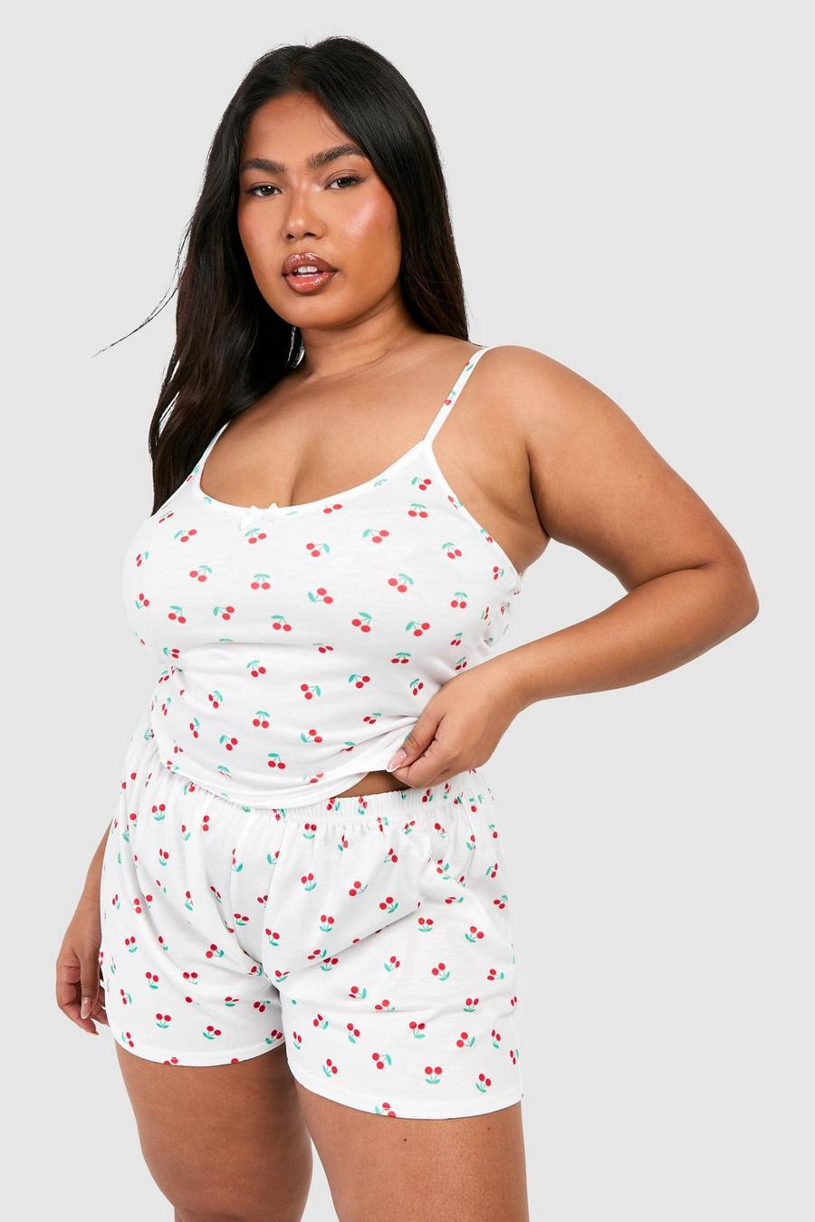 Pantalón corto de pijama Plus aterciopelado con estampado de cerezas, White