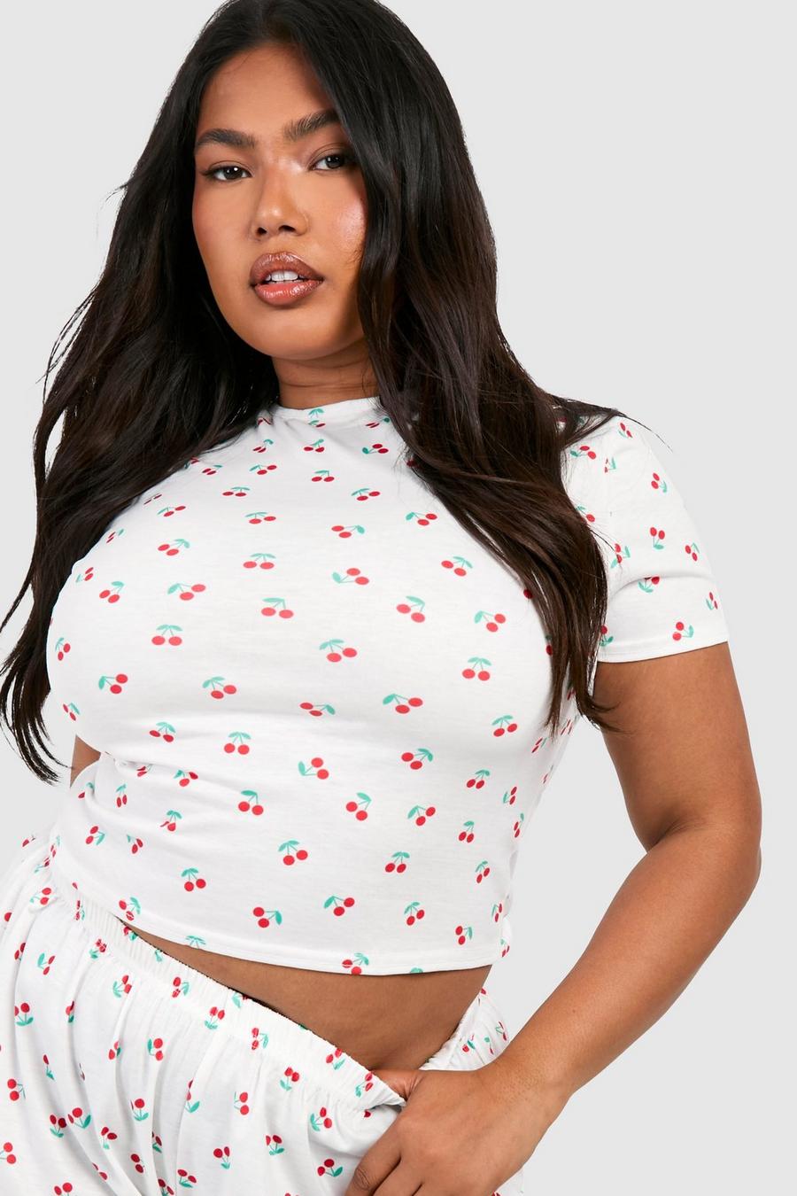 White Plus Peached Cherry Print Short Sleeve Pj Top