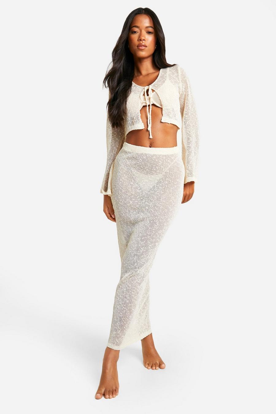 Ivory Popcorn Crochet Tie Top & Maxi Skirt Beach Co-ord image number 1