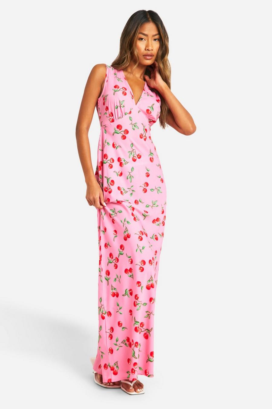 Pink V Neck Cherry Print Maxi Slip Dress