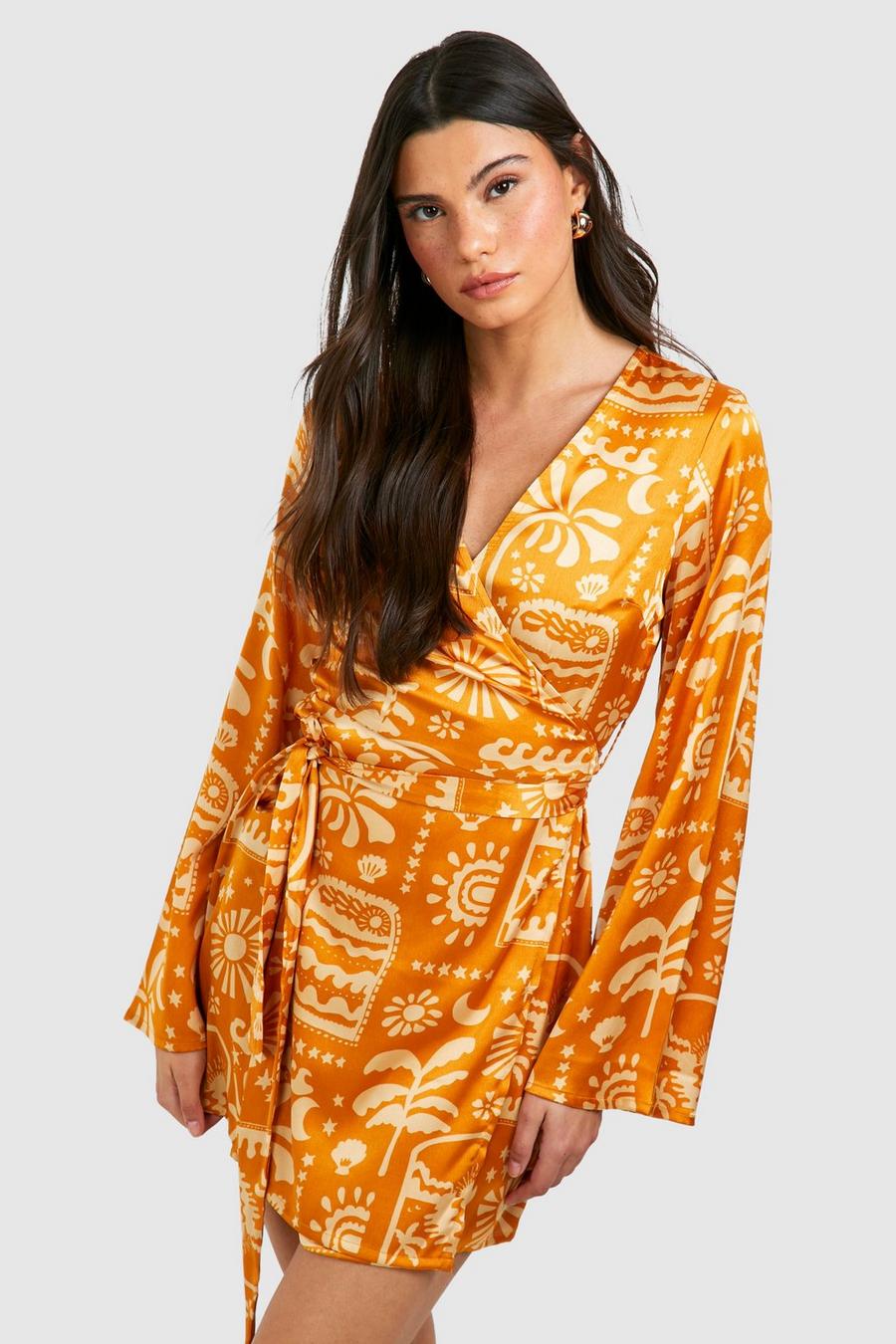 Burnt orange Satin Printed Wrap Tie Shirt Dress 