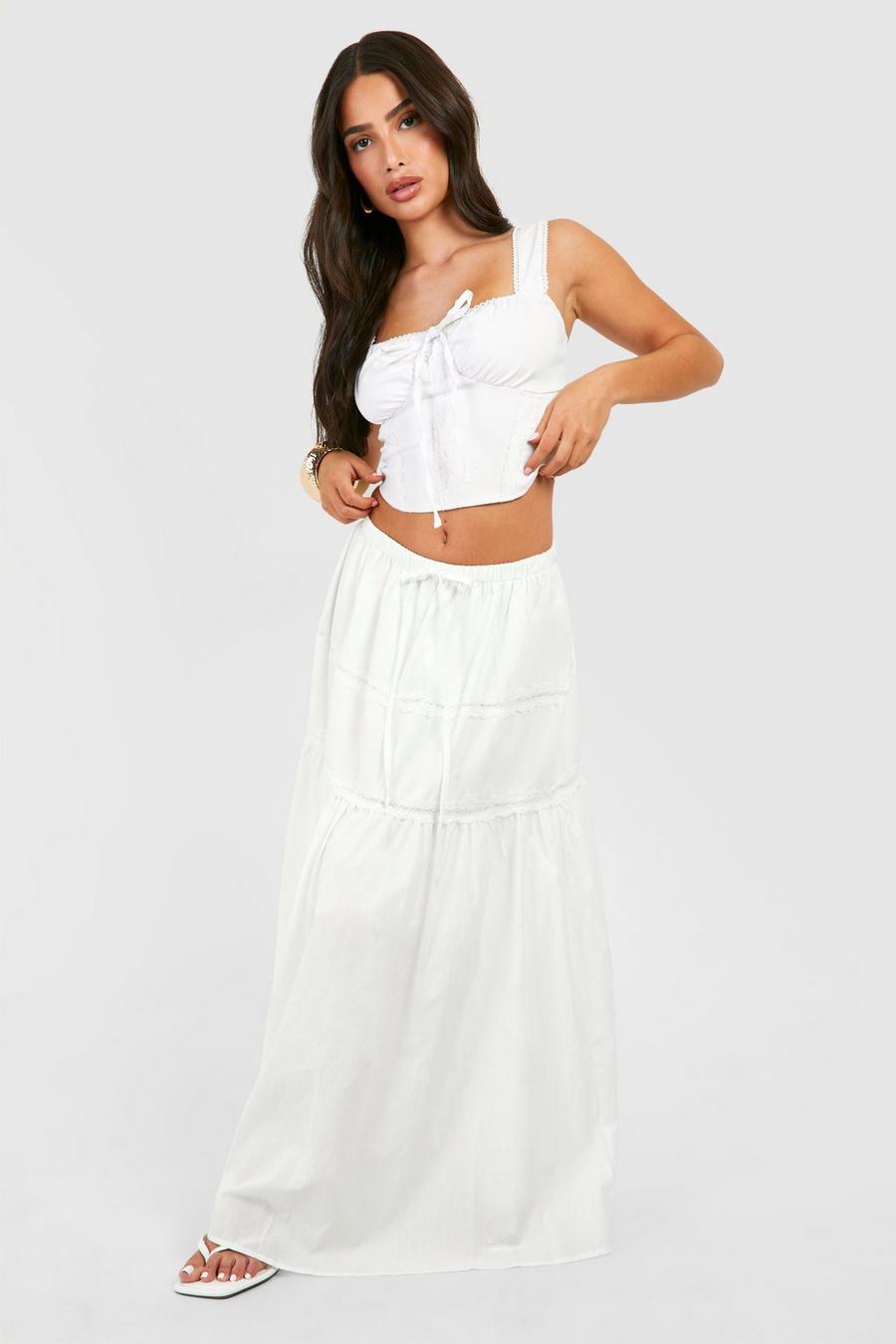 White Petite Lace Trim Tiered Woven Maxi Skirt  image number 1