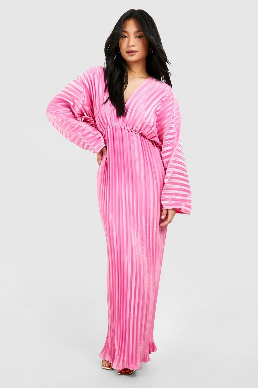 Vestido Petite maxi de raso plisado escotado con mangas de murciélago, Pink image number 1