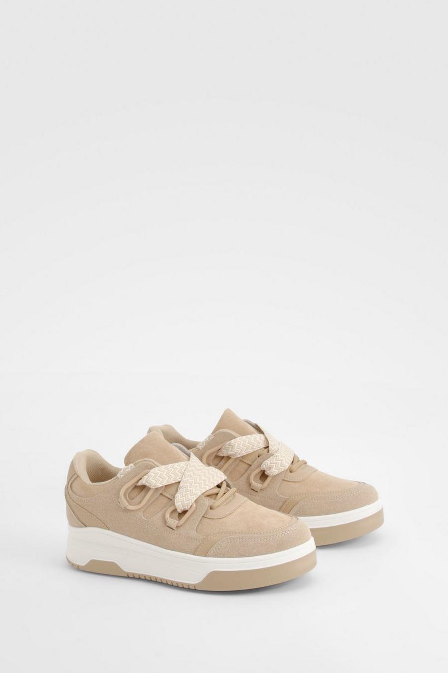 Beige Chunky Contrast Lace Panel Sneakers