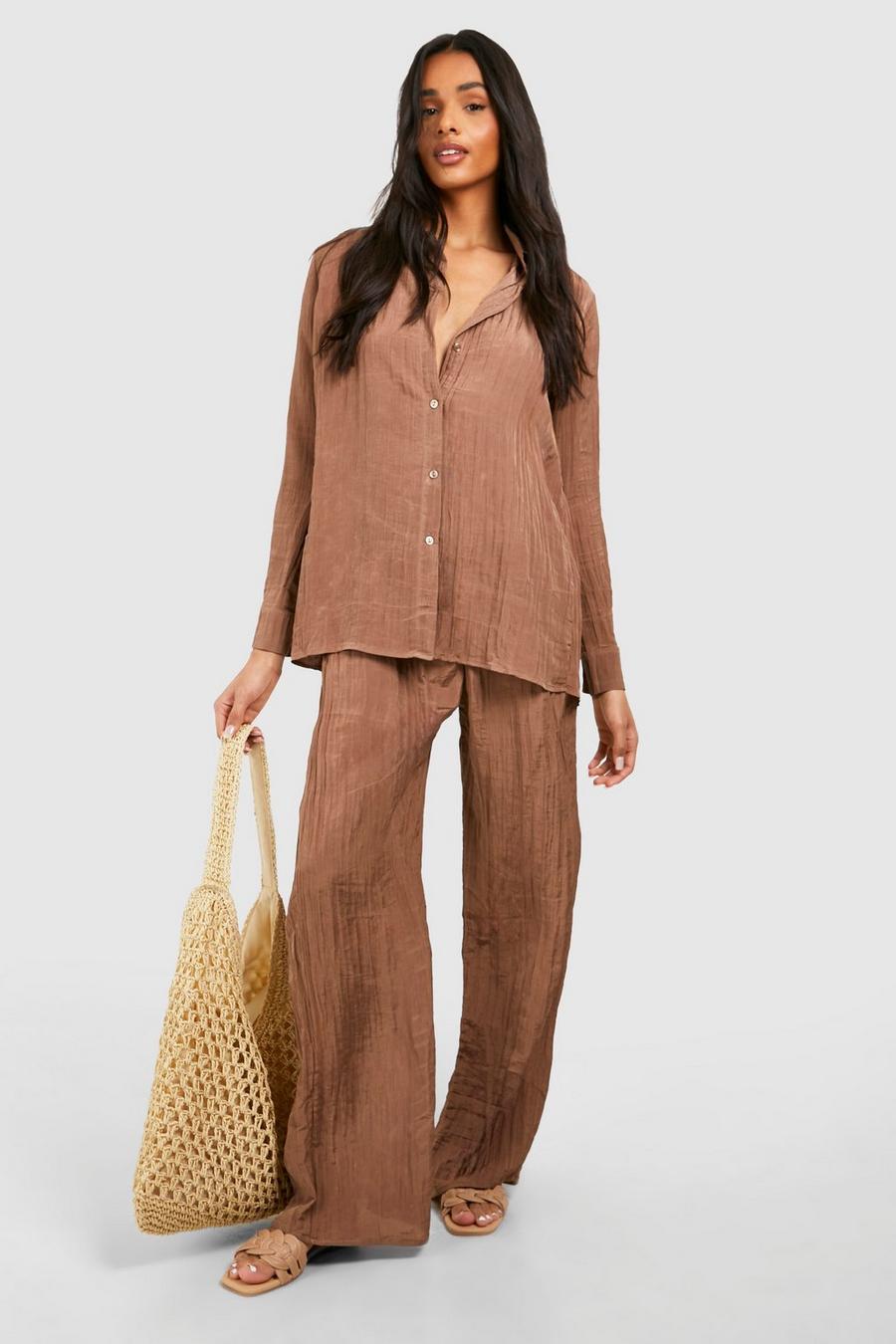 Taupe Tall Woven Textured Wide Leg Trousers