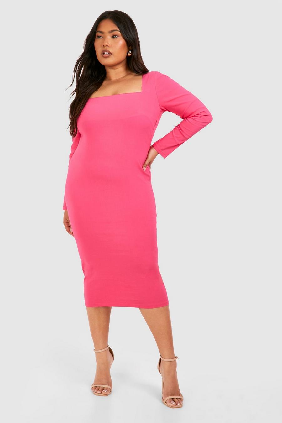 Pink Plus Midiklänning i bengalin med fyrkantig halsringning image number 1