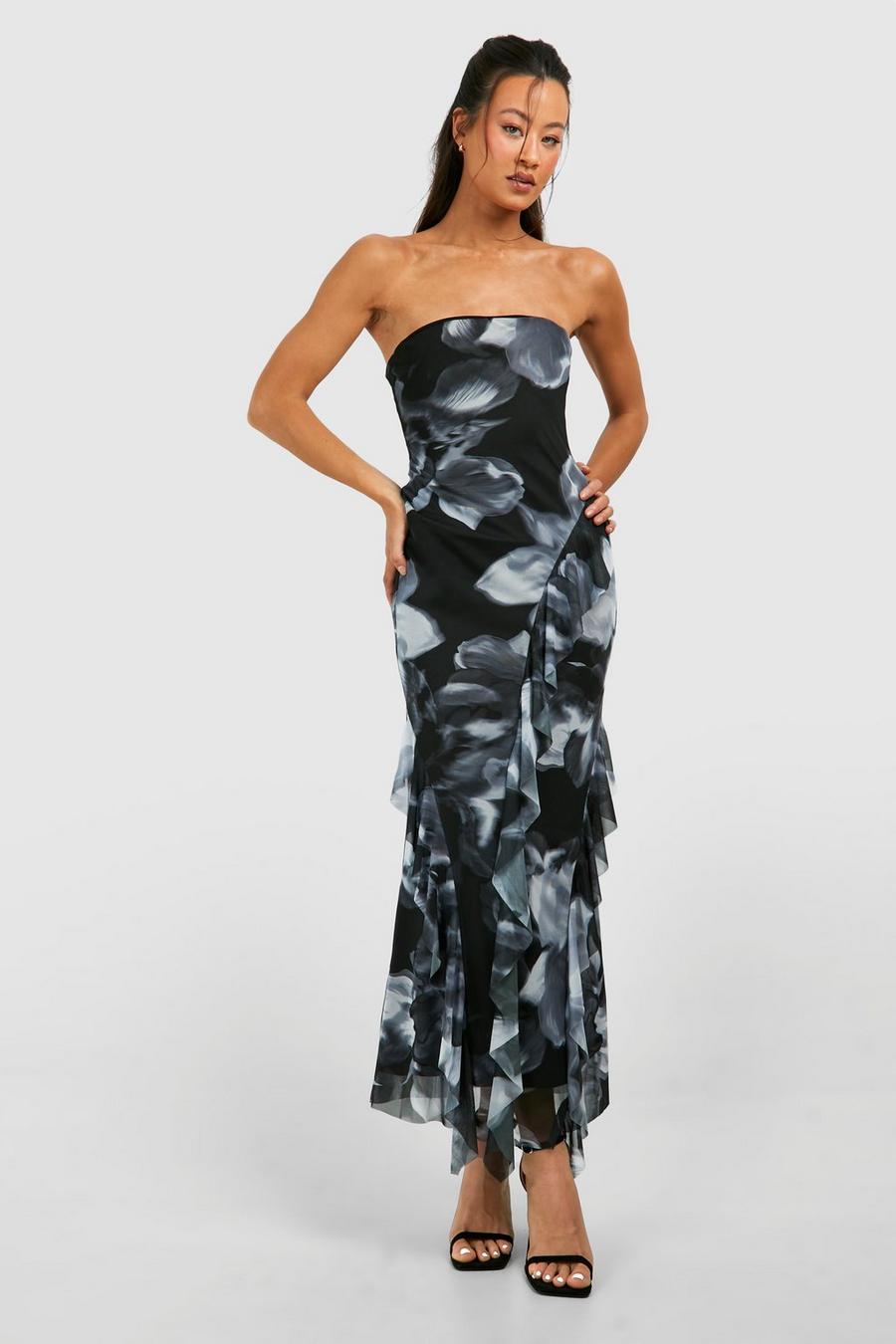 Black Tall Bandaeu Floral Mesh Ruffle Midi Dress image number 1