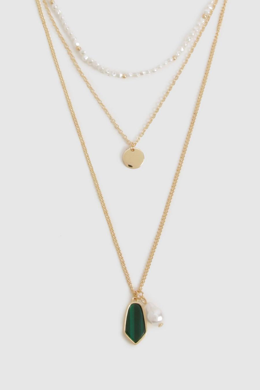Collier à chaînes multiples et pendentif en pierre fantaisie, Emerald