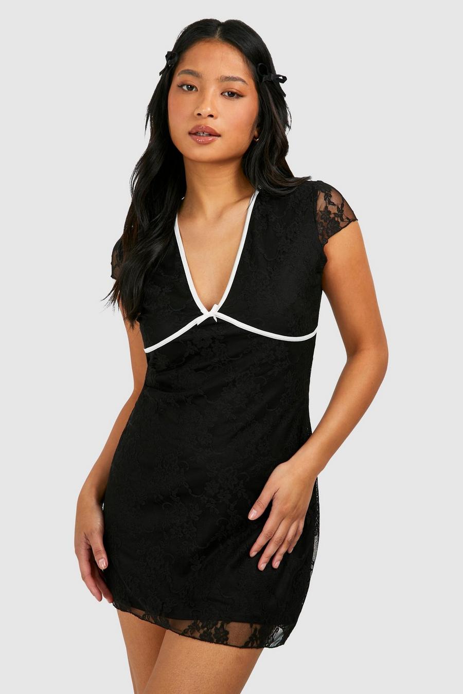Petite Kleid mit Spitze und Kontrast-Schleife, Black image number 1