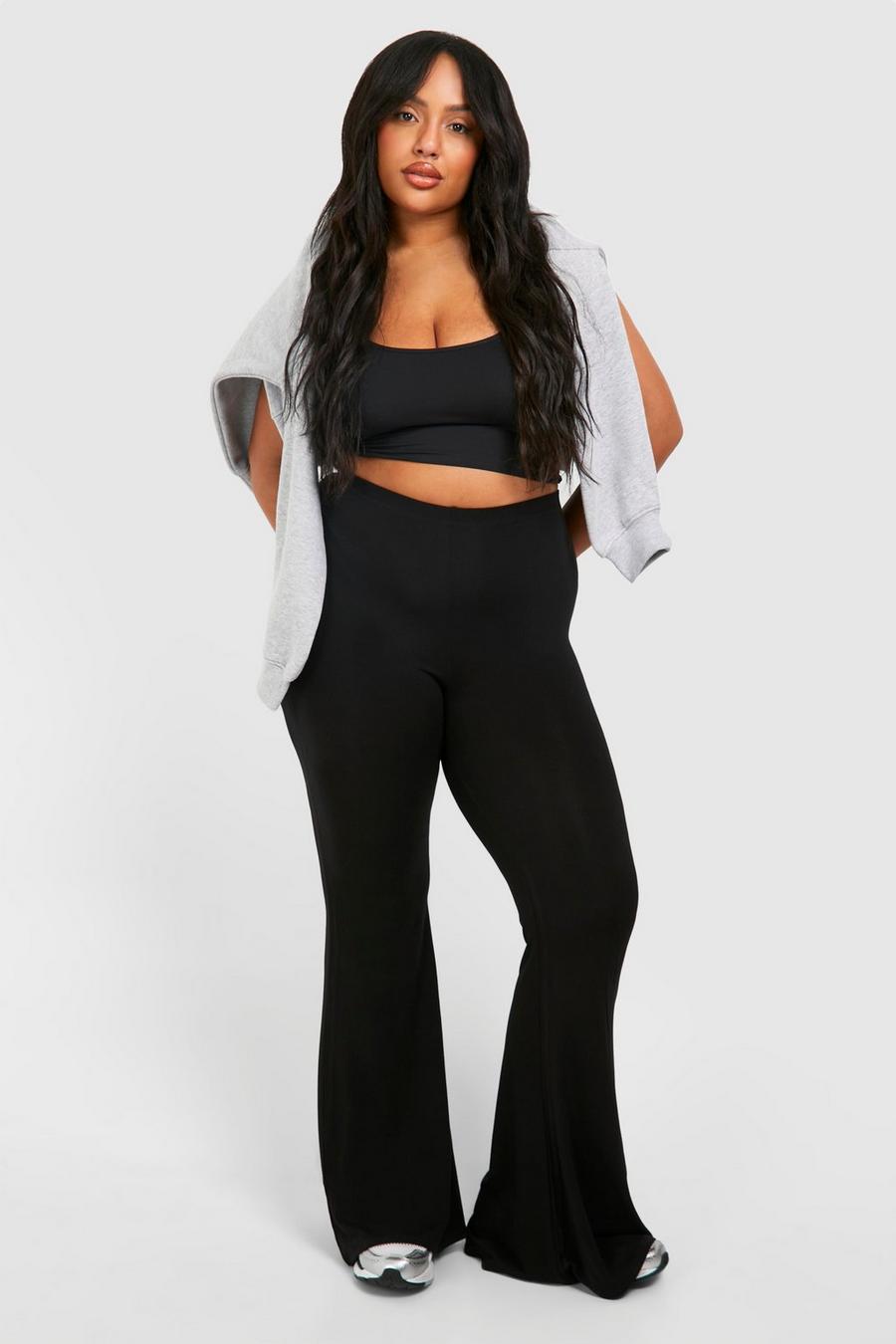Black Plus High Waisted Ruched Bum Jersey Flared Trousers image number 1