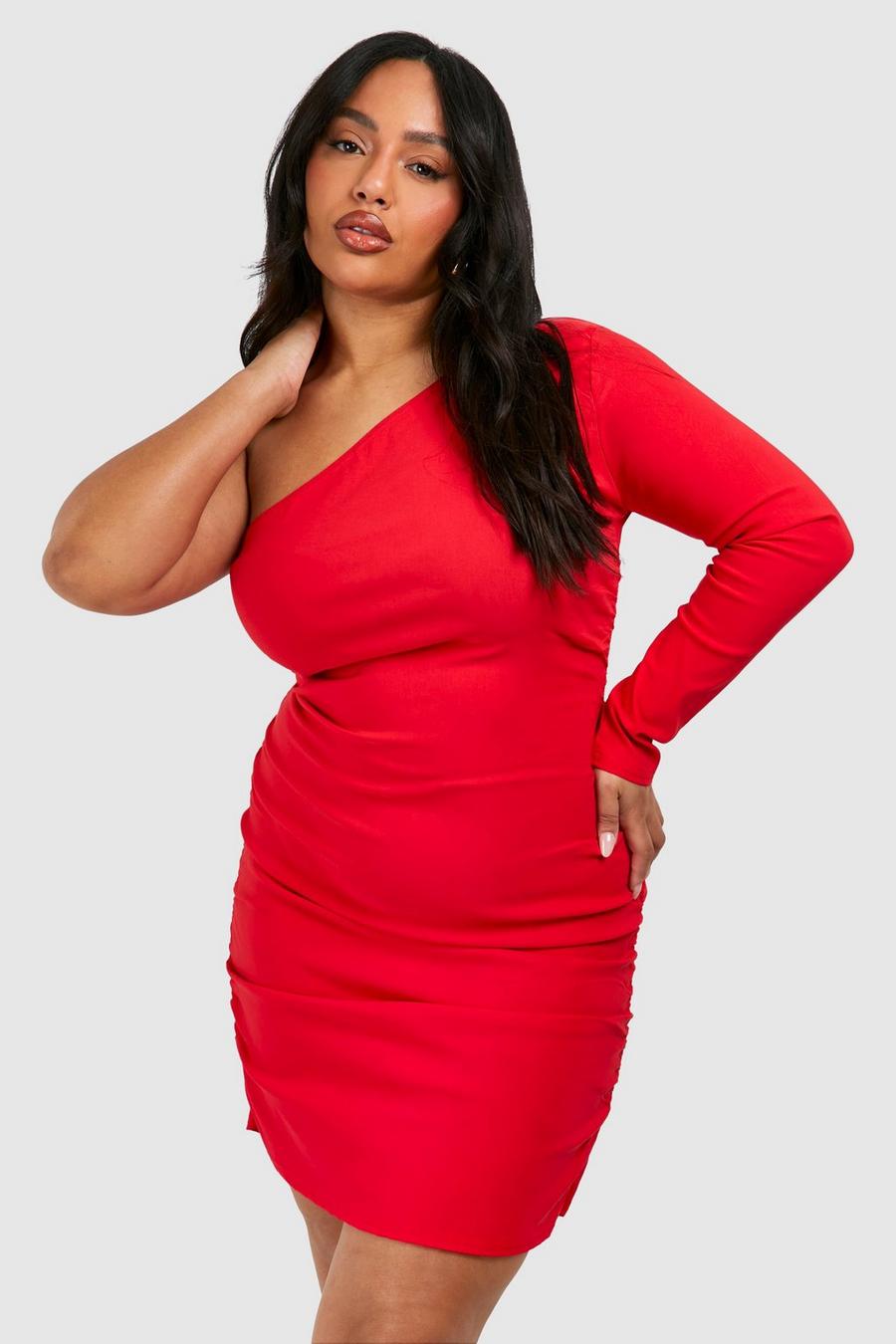 Red Plus Bengaline One Shoulder Ruched Mini Dress