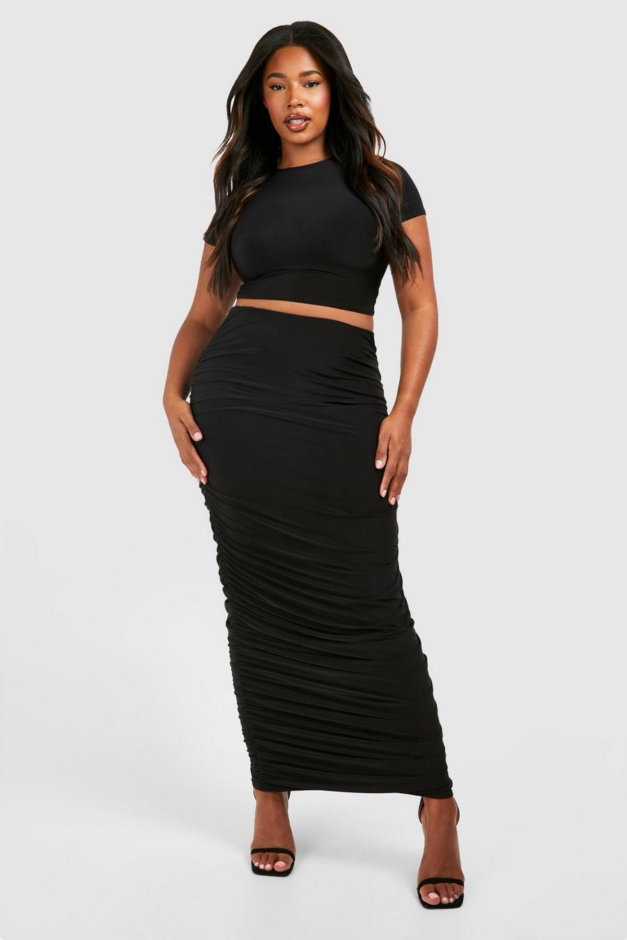 Black Plus Ruched Slinky Maxi Skirt image number 1