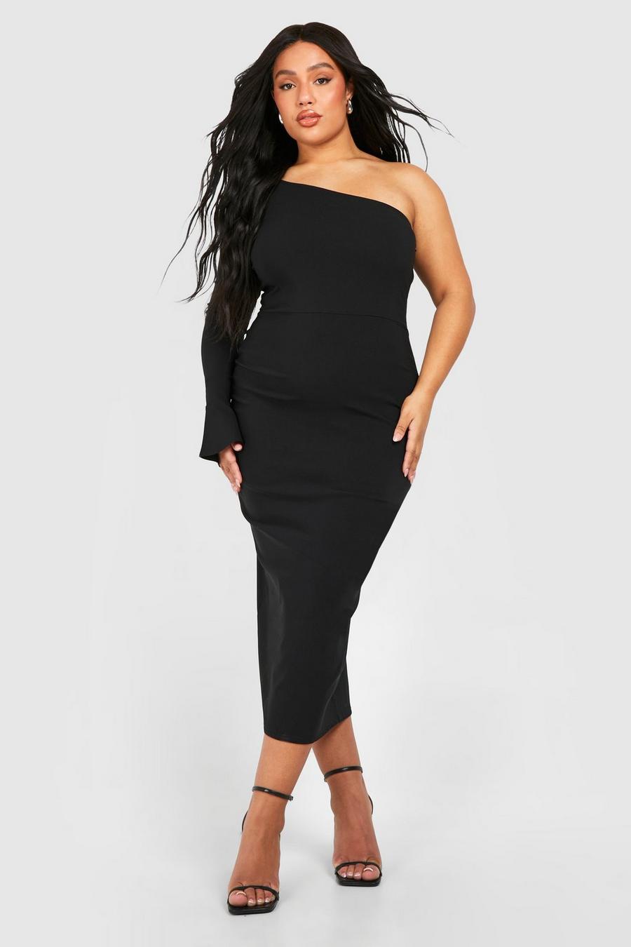 Black Plus Lång one shoulder-klänning med utsvängd ärm image number 1