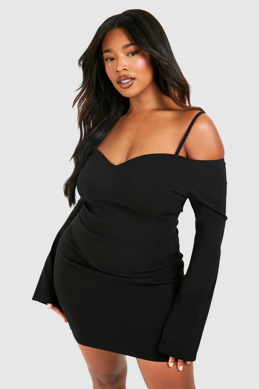 Black Plus Bengaline Off The Shoulder Long Sleeve Mini Dress  image number 1