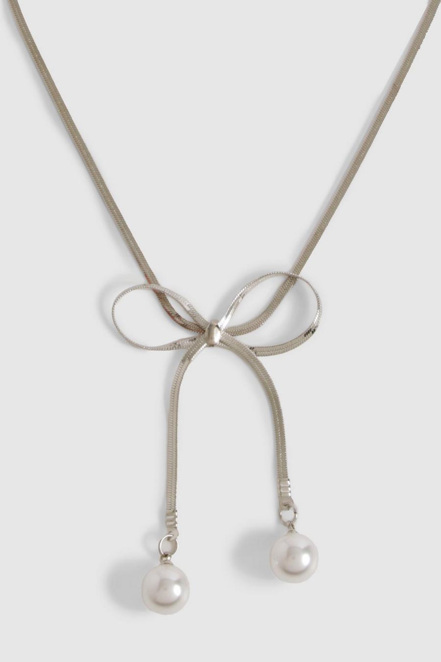 Silver Bow Pearl Detail Snake Chain Necklace  image number 1