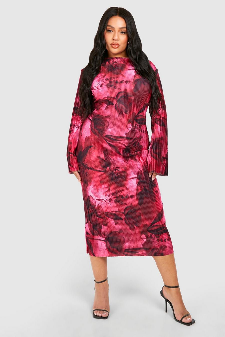 Pink Plus Plisse Floral Print Flare Sleeve Midaxi Dress image number 1
