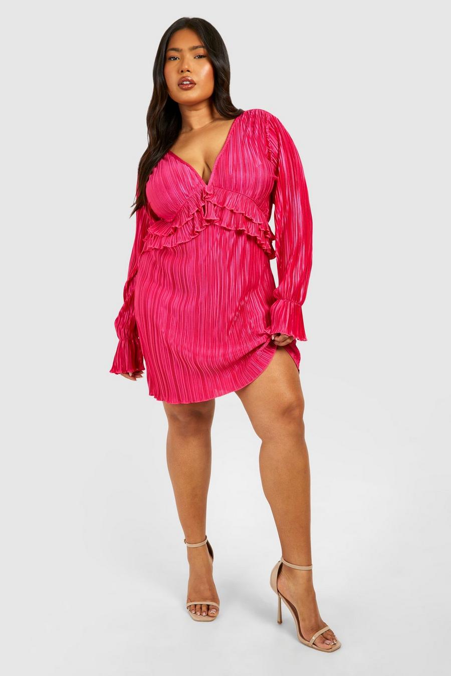 Hot pink Plus Plisserad långärmad miniklänning med volanger
