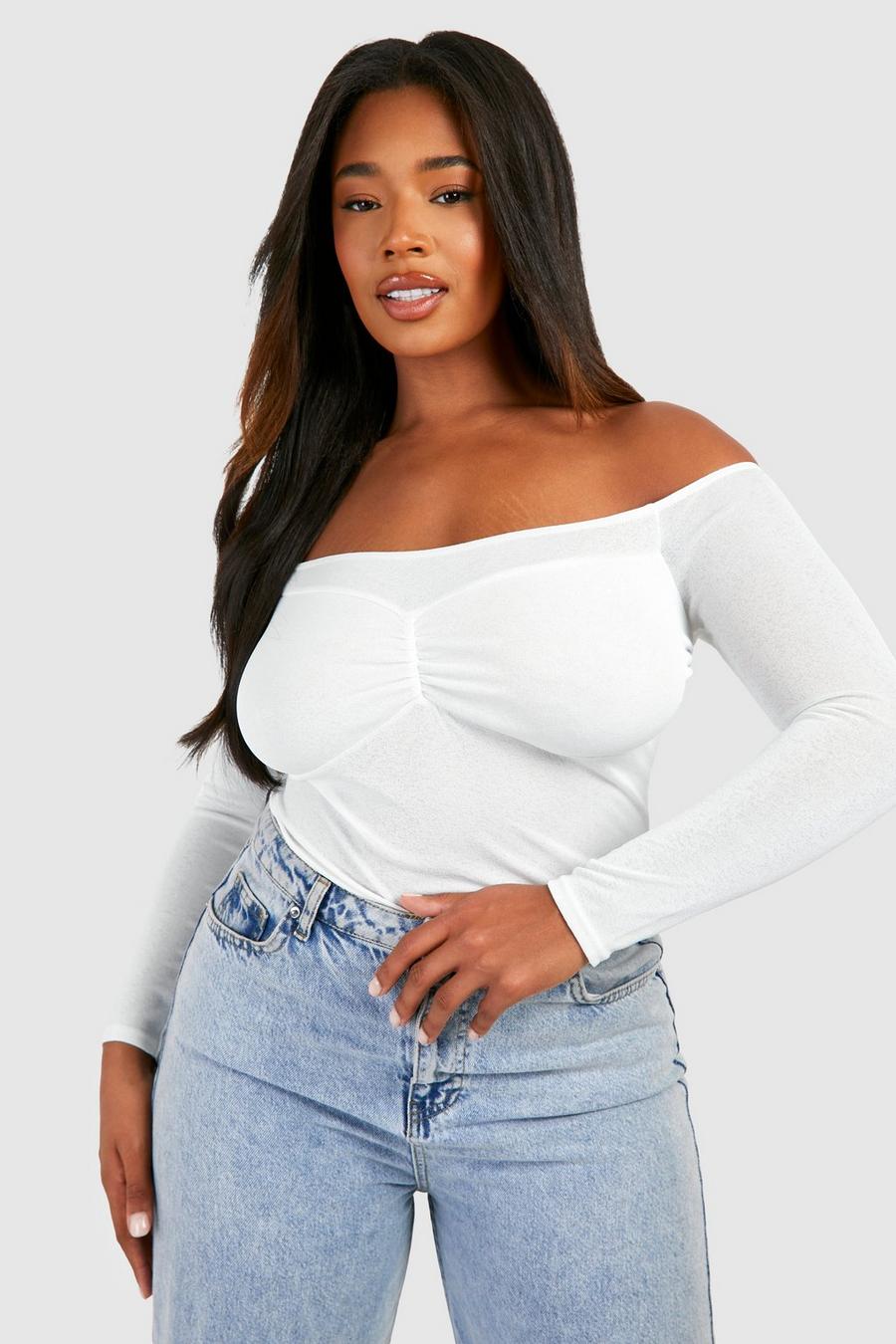 White Plus Sheer Off The Shoulder Ruched Top