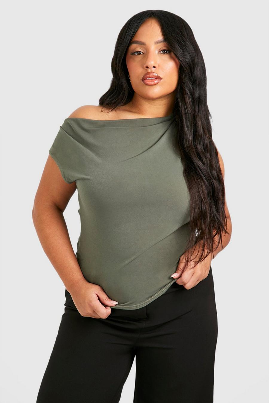 Olive Plus Slash Neck Ruched Asymmetric Top 