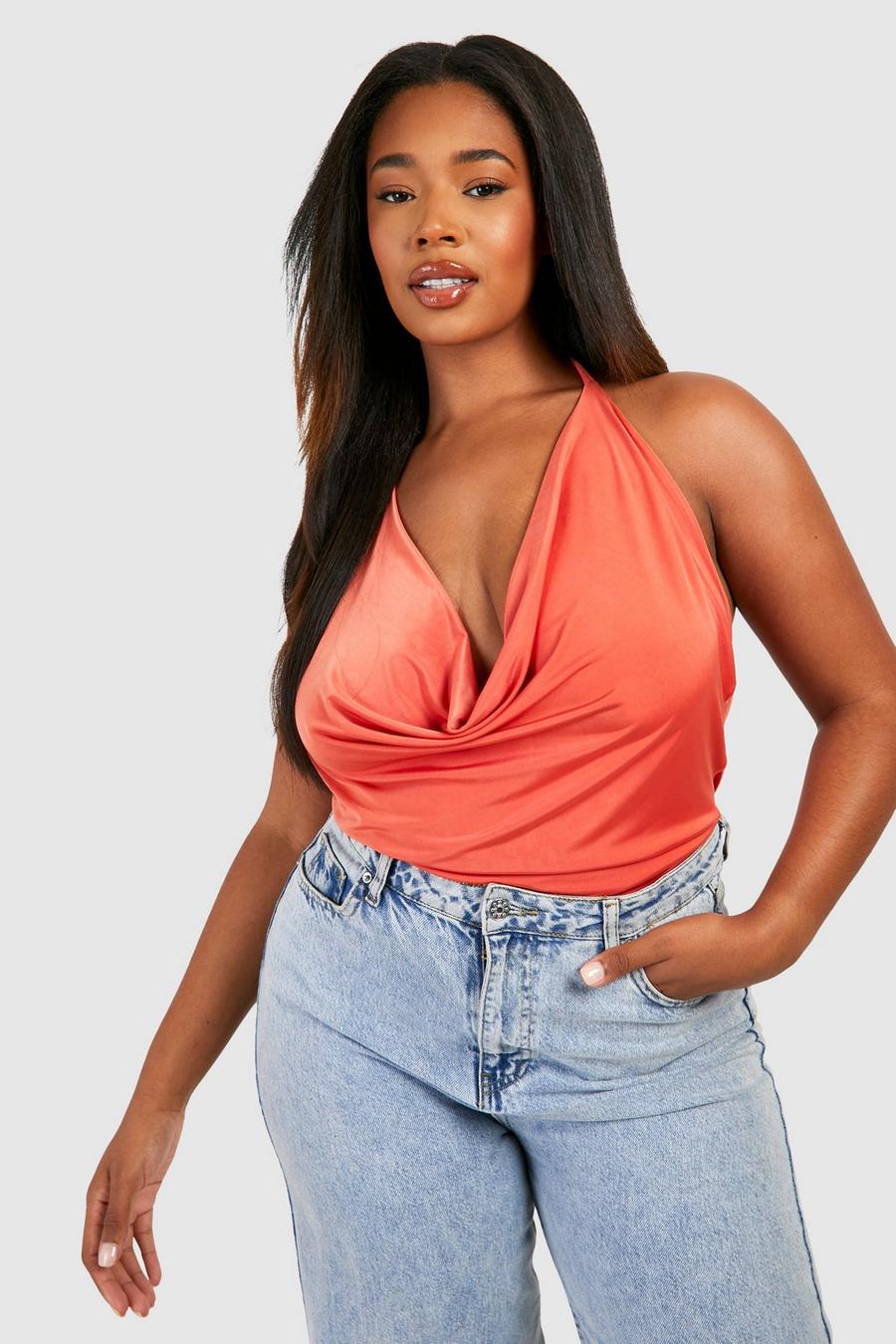 Body Plus Size seducente allacciato al collo con scollo a cappuccio, Orange