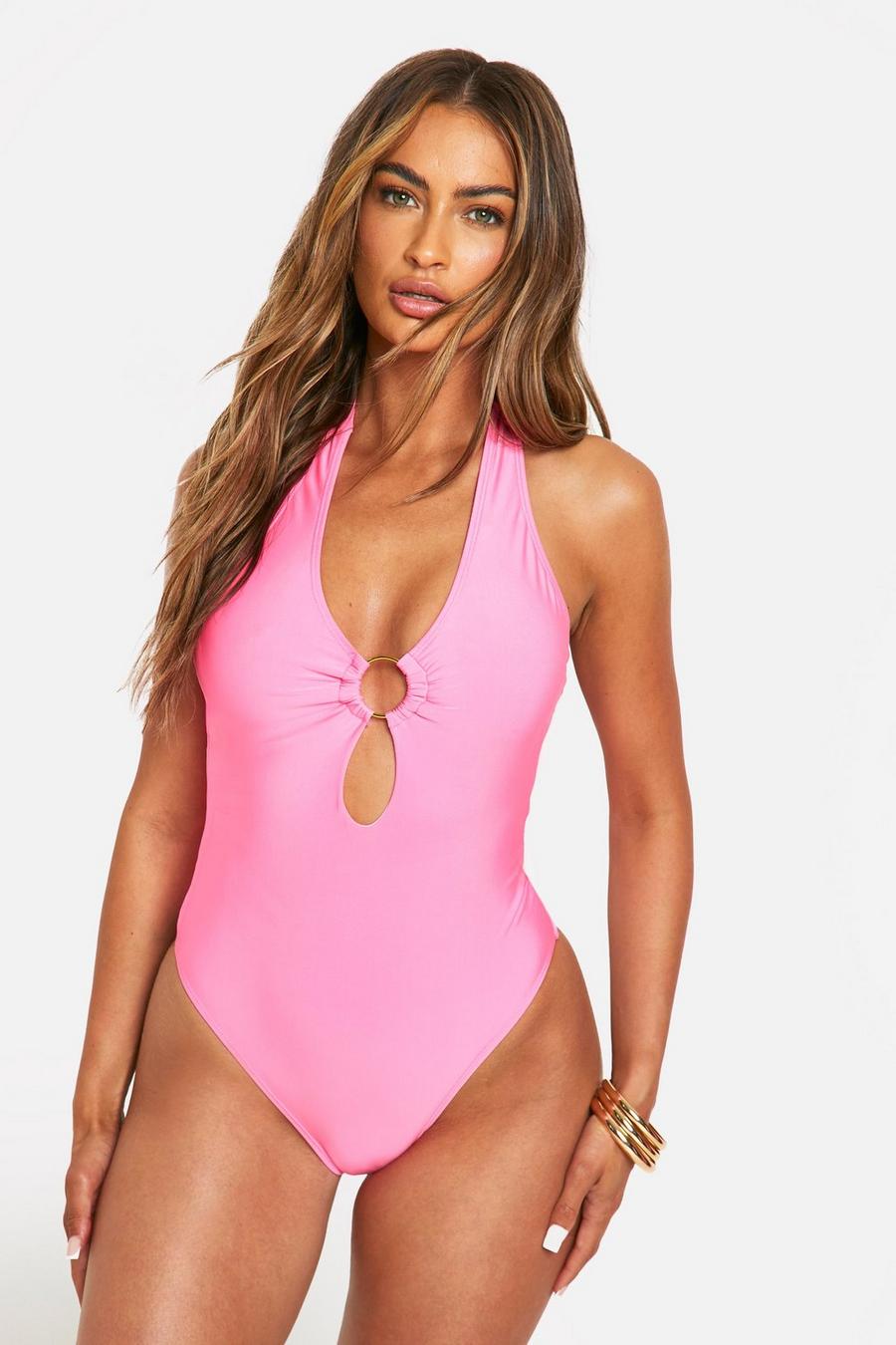 Hot pink O-ring Cut Out Halterneck Swimsuit