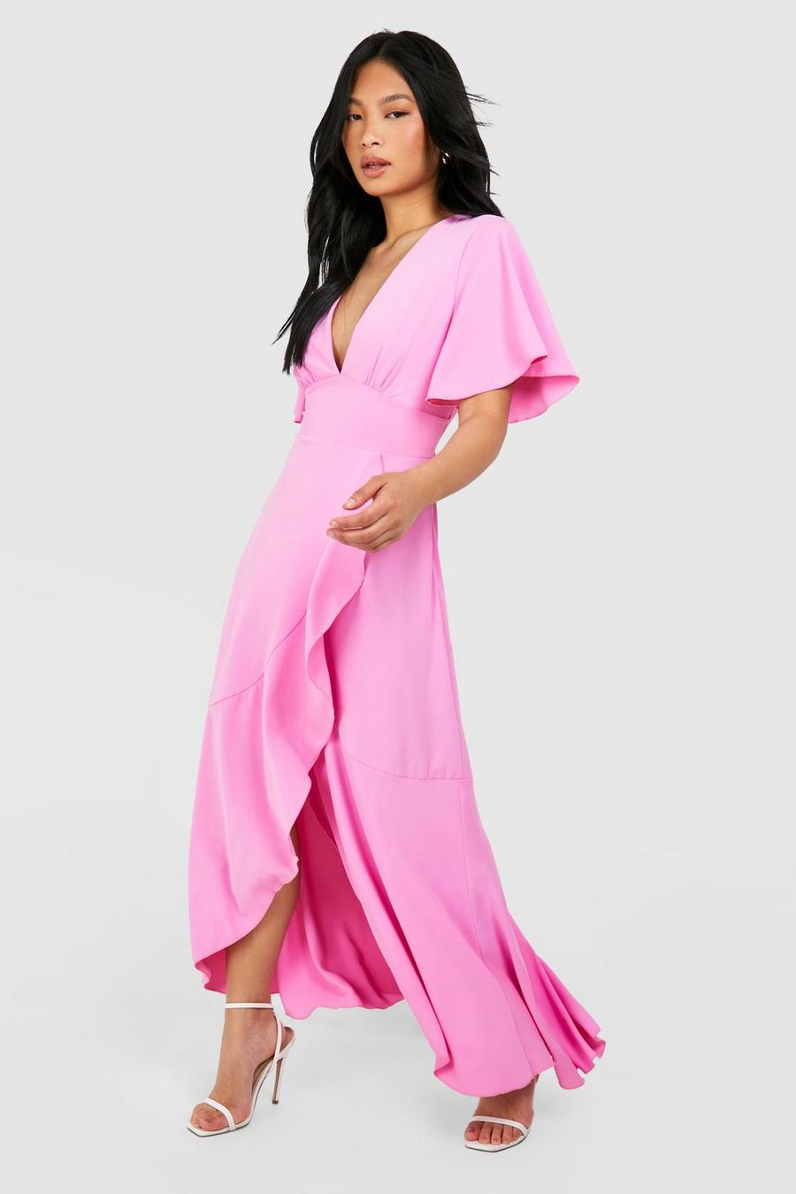 Pink Petite Angel Sleeve Wrap Front Satin Maxi Dress