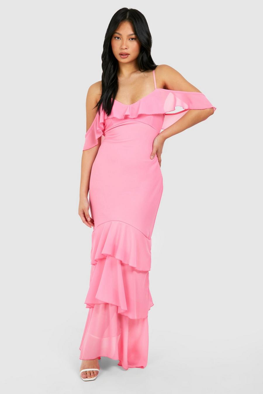 Pink Petite Cold Shoulder Ruffle Hem Chiffon Maxi Dress