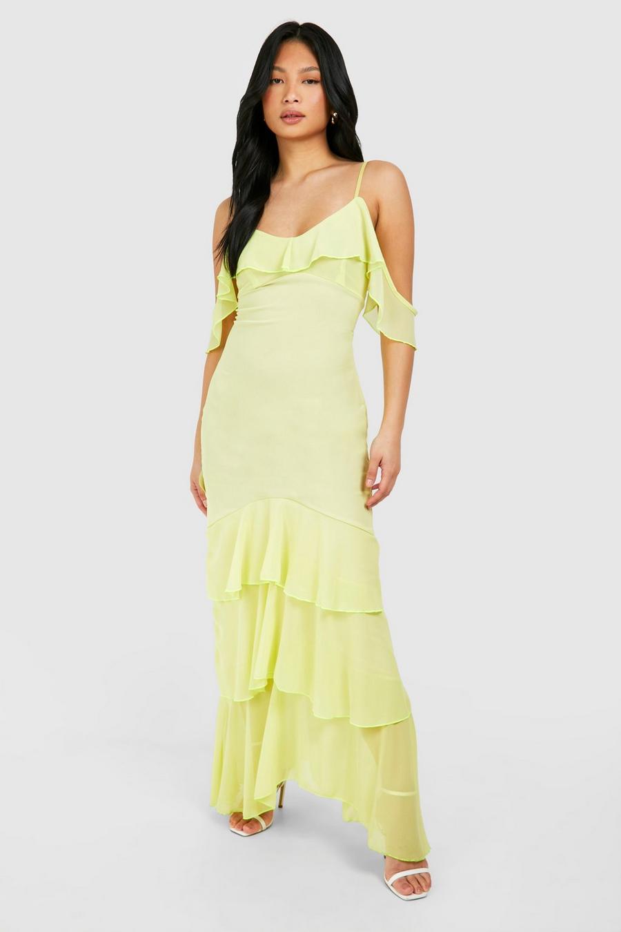 Lime Petite Cold Shoulder Ruffle Hem Chiffon Maxi Dress image number 1