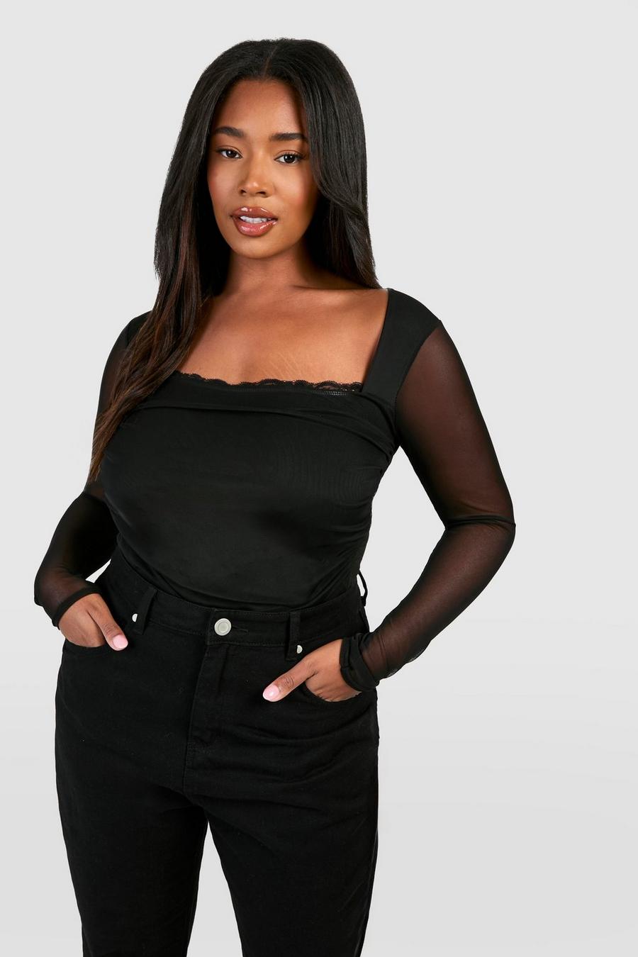 Black Plus Mesh Long Sleeve Lace Detail Bodysuit