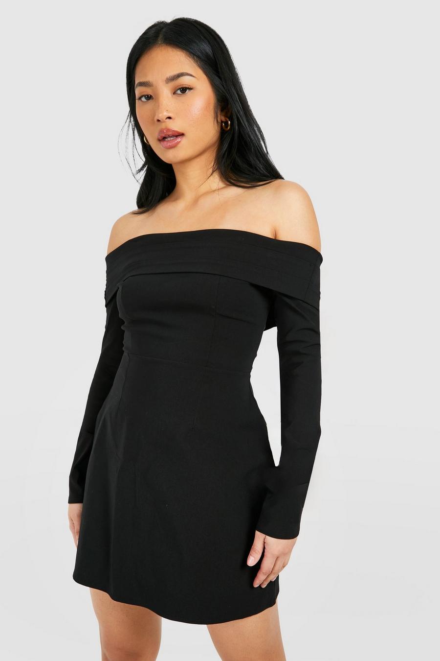 Black Petite Off The Shoulder Structured Tailored Mini Dress image number 1