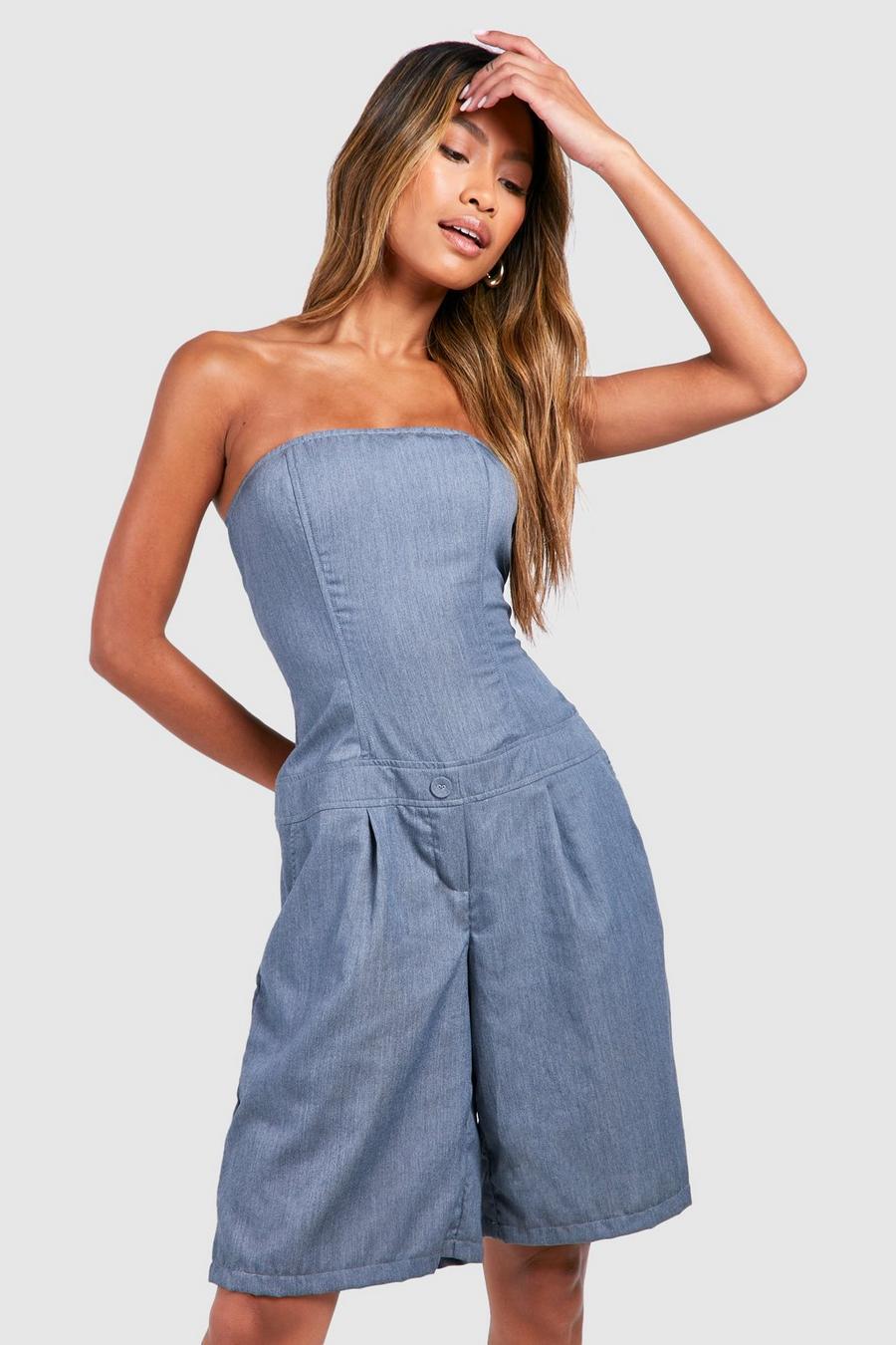 Blue Twill Longline Tailored Playsuit image number 1