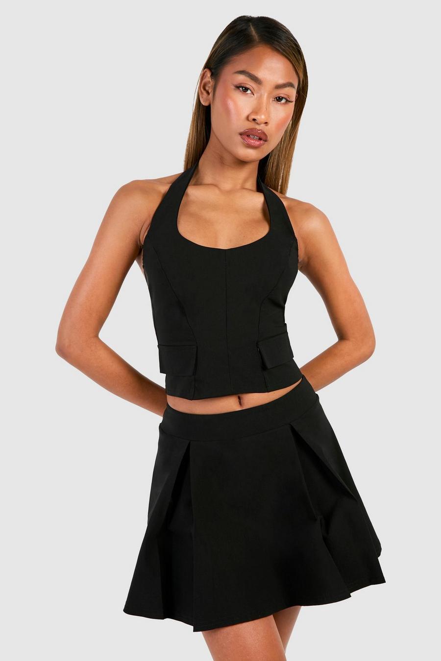 Minifalda plisada y top con escote halter con bolsillo, Black