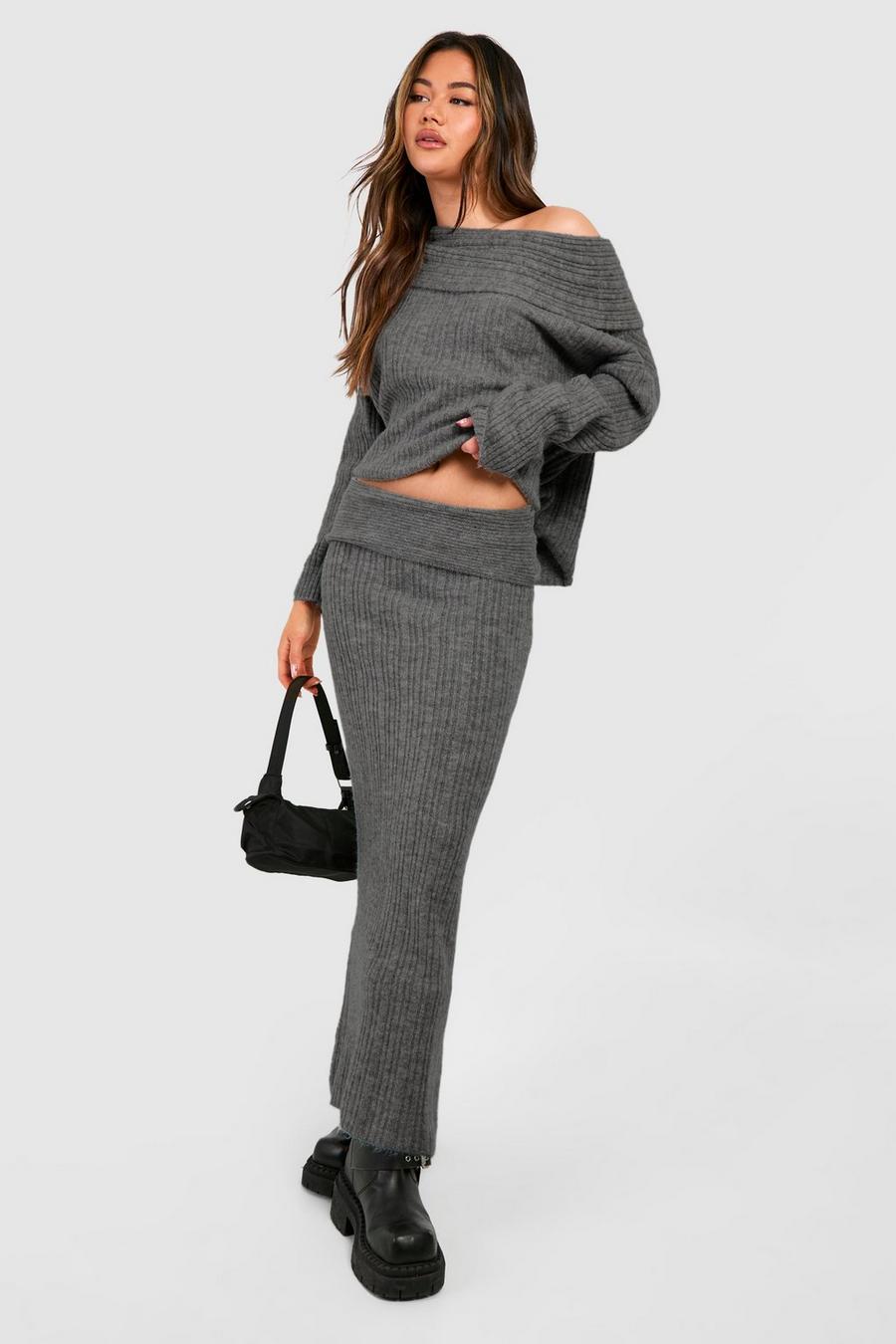 Charcoal Off The Shoulder Jumper And Maxi Skirt Knitted Set