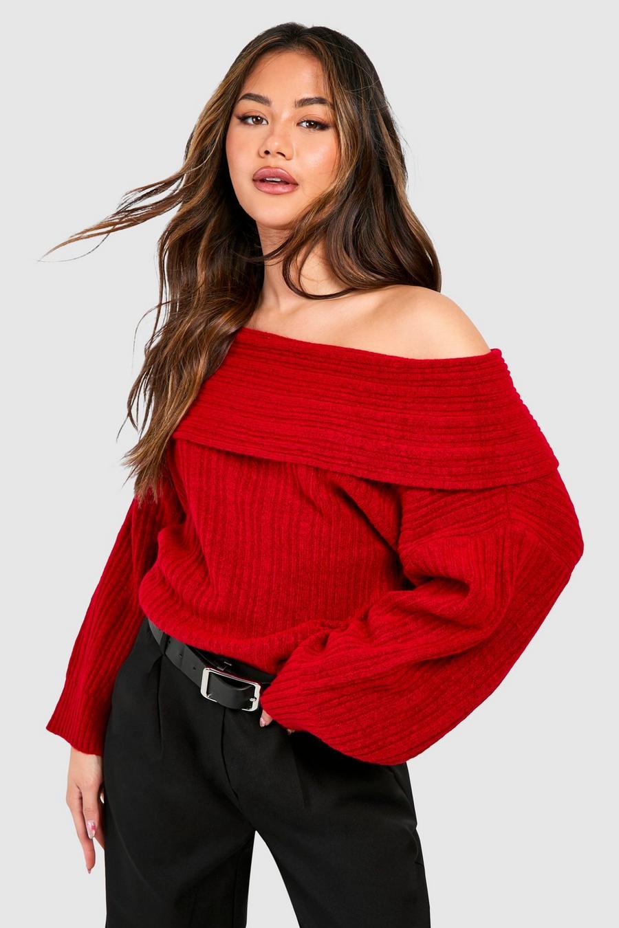 Schulterfreier Pullover, Red