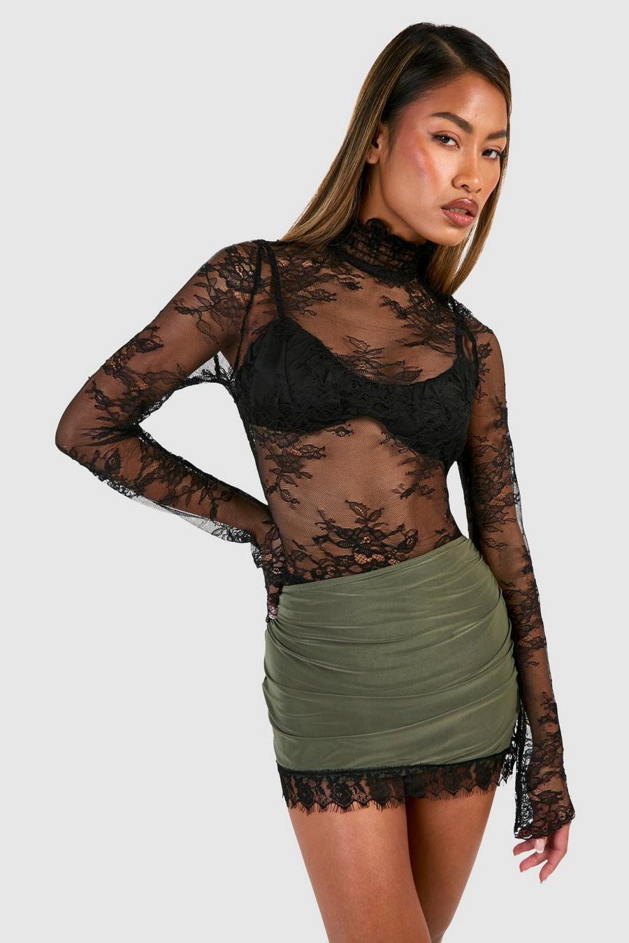 Khaki Lace Trim Slinky Mini Skirt  